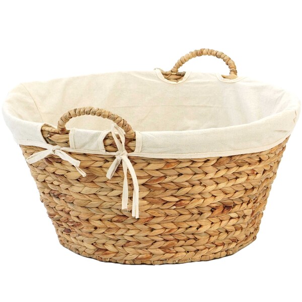 Vintiquewise Water Hyacinth Natural Oval Wicker Laundry Basket with Handles and White Cotton Liner - QI004231