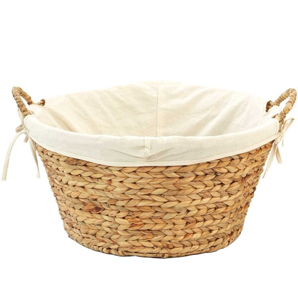 Vintiquewise Water Hyacinth Natural Oval Wicker Laundry Basket with Handles and White Cotton Liner - QI004231