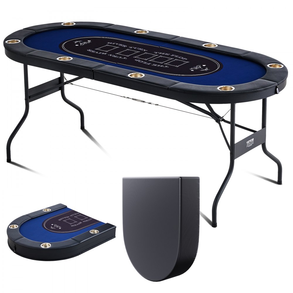 VEVOR 8 Player Foldable Poker Table, Blackjack Texas Holdem Poker Table with Padded Rails and Stainless Steel Cup Holders, Portable Folding Card Board Game Table, 72" Oval Casino Leisure Table, Blue - DZDTZDPKPZ8P95XDIV0
