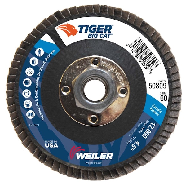 Disco de Aletas Abrasivas para Esmeriladora Weiler 4-1/2" Big Cat, Plano (TY27), 60Z, 5/8"-11 UNC - 50809