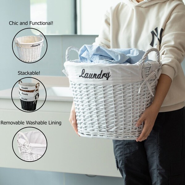 Wickerwise Handwoven Laundry Basket with Liner & Handles - Boho Decorative Storage Hamper for Clothes - QI003106.WT