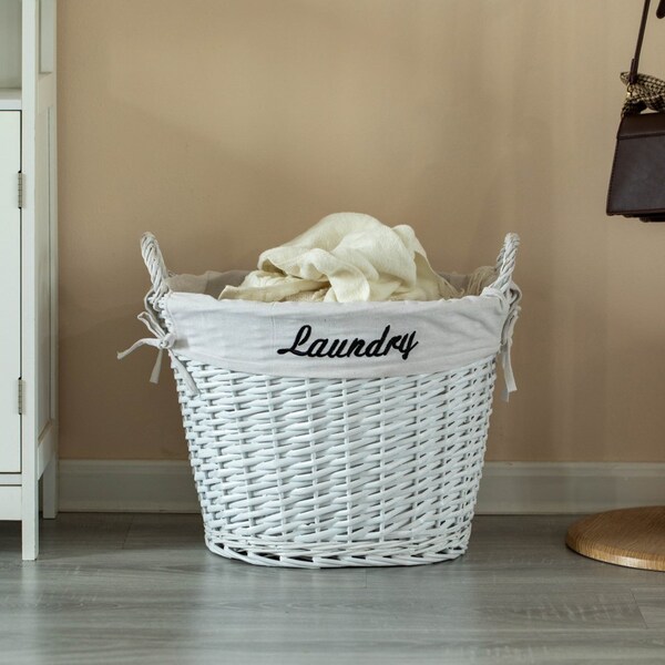 Wickerwise Handwoven Laundry Basket with Liner & Handles - Boho Decorative Storage Hamper for Clothes - QI003106.WT