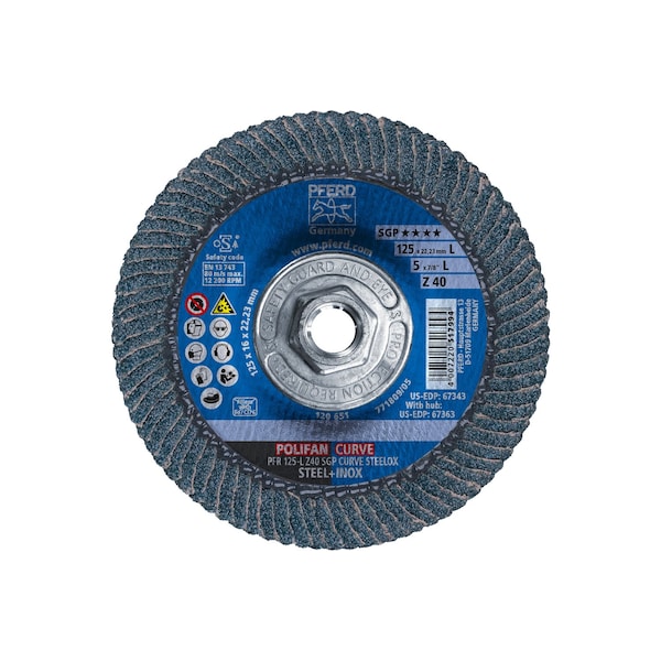 Disco de láminas POLIFAN® de Pferd 5" x 5/8-11 Thd. - Z SGP CURVE STEELOX, de Óxido de circonio, 40 granos, con un gran radio - 67363