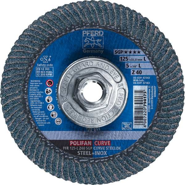 Disco de láminas POLIFAN® de Pferd 5" x 5/8-11 Thd. - Z SGP CURVE STEELOX, de Óxido de circonio, 40 granos, con un gran radio - 67363