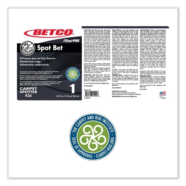 Betco FiberPro Spot Bet Stain Remover, Country Fresh Scent, 32 oz Bottle, 12PK - 4251200