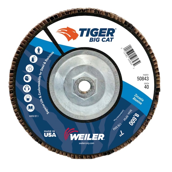 Weiler 7" Big Cat Abrasive Flap Disc, plano (TY27), 40Z, 5/8"-11 UNC - 50843