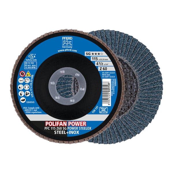 Disco de láminas POLIFAN® Z SG POWER STEELOX de 4-1/2" x 7/8", de óxido de circonio, 60 granos, cónico - 62223.