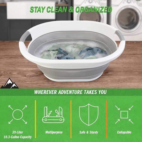 Wakeman Collapsible Laundry Basket - 39L Portable Sink, Plastic Bin, or Ice Bucket by Wakeman Gray - 75-CMP1137