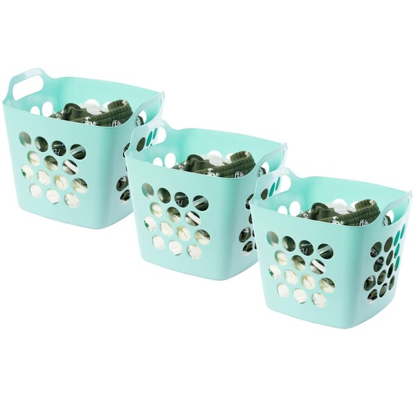 Basicwise Flexible Plastic Carry Laundry Basket Holder Square Storage Hamper w/Side Handles, Green Set of 3 - QI003857.GN.3