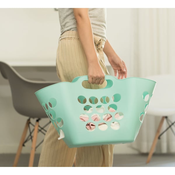 Basicwise Flexible Plastic Carry Laundry Basket Holder Square Storage Hamper w/Side Handles, Green Set of 3 - QI003857.GN.3