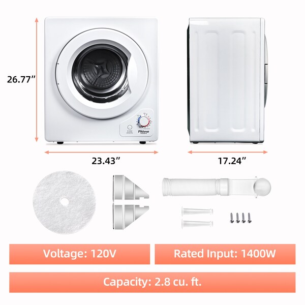 Edendirect 2.8 cu. ft. Vented Electric Dryer in White with Sensor Dry, 4 Auto Drying Modes, Exhaust Duct - PVSC04D-W