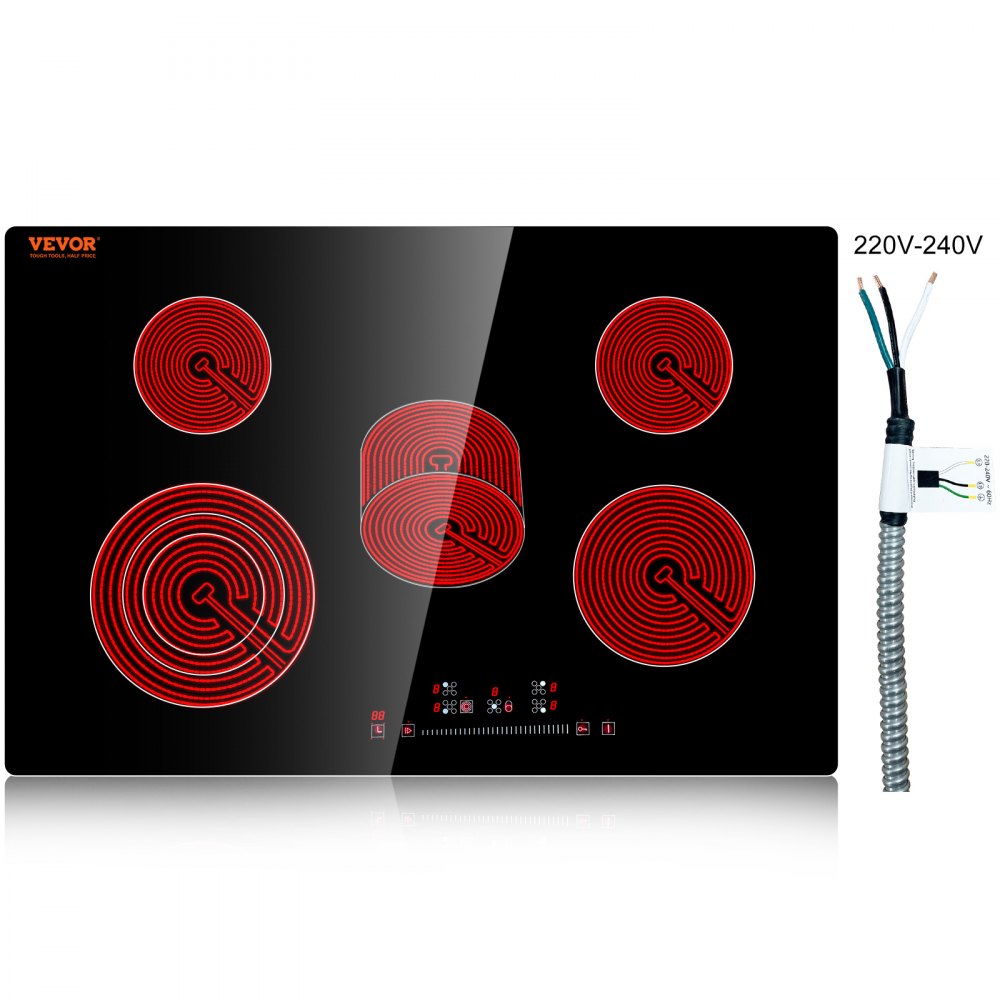 VEVOR Built in Electric Stove Top, 30.3 x 20.5 inch 5 Burners, 240V Glass Radiant Cooktop with Sensor Touch Control, Timer & Child Lock Included, 9 Power Levels for Simmer Steam Slow Cook Fry - Q30INCH8600W5R5SOV4