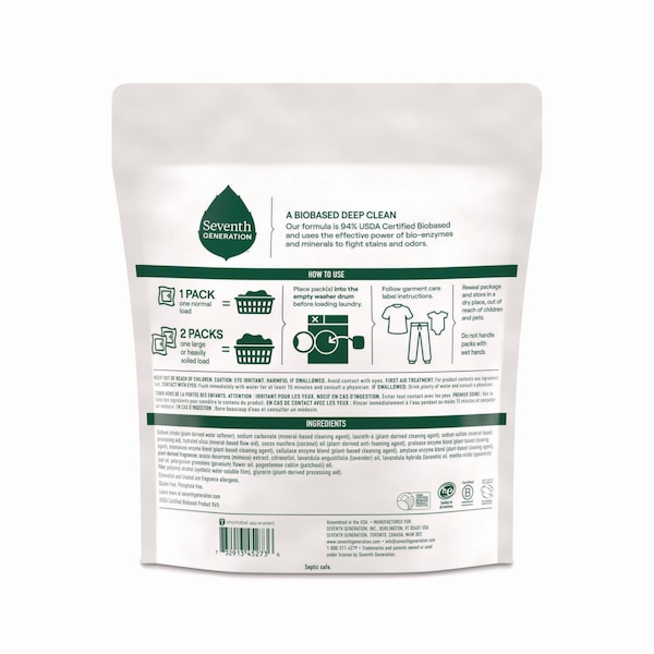 Seventh Generation Natural Laundry Detergent Packs, Powder, Lavender Scent, 45 Packets/Pack, 8PK - 62692700