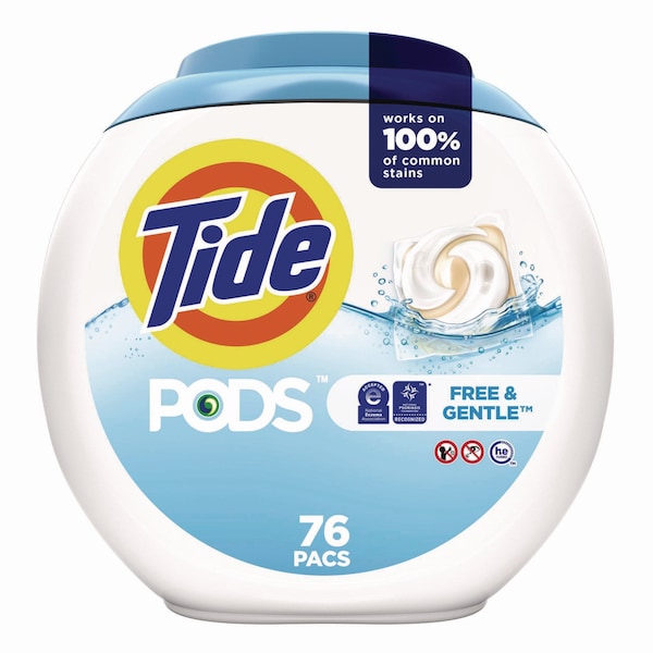 Tide PODS Laundry Detergent, Free and Gentle, 63 oz Tub, 76 Pacs/Tub, 4 Tubs/Carton, 4PK - 80737337