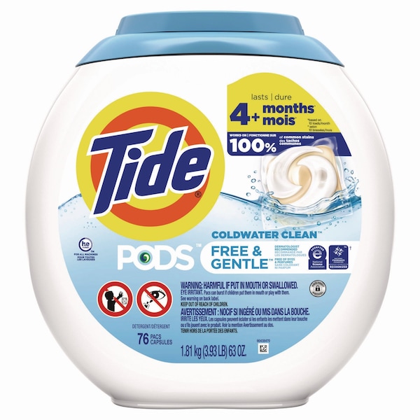 Tide PODS Laundry Detergent, Free and Gentle, 63 oz Tub, 76 Pacs/Tub, 4 Tubs/Carton, 4PK - 80737337