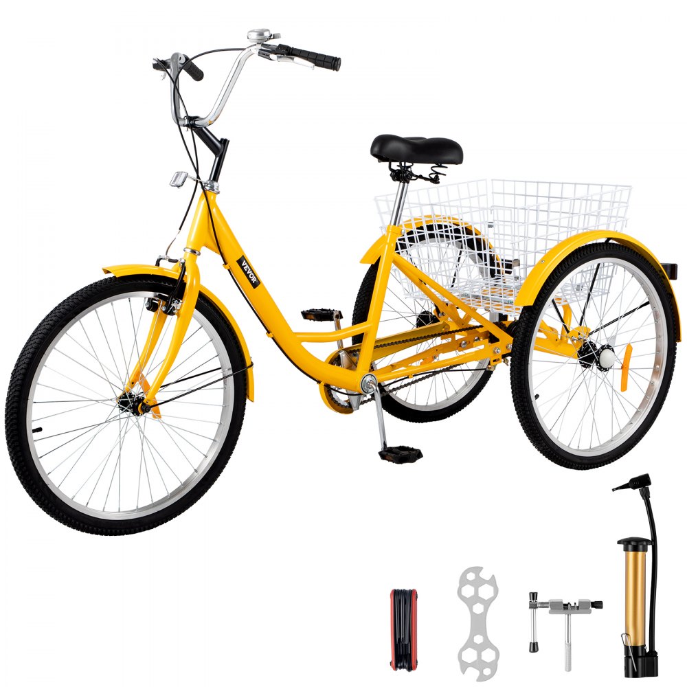 VEVOR Yellow Adult Tricycle 24'' 1-Speed 3 Wheel Bikes, Foldable Adult Tricycle 3 Wheel Bike Trike for Adults, Cruise Bike 24 Inch Seat Adjustable Trike with Bell, Brake System and Basket for Shopping - ZXCSLC24YC1SHB001V0