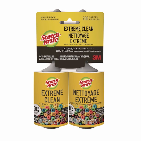 Scotch-Brite Extreme Clean Lint Roller, 4 in. x 54.59 ft, 100 Sheets/Roll, 2PK - 7100291876