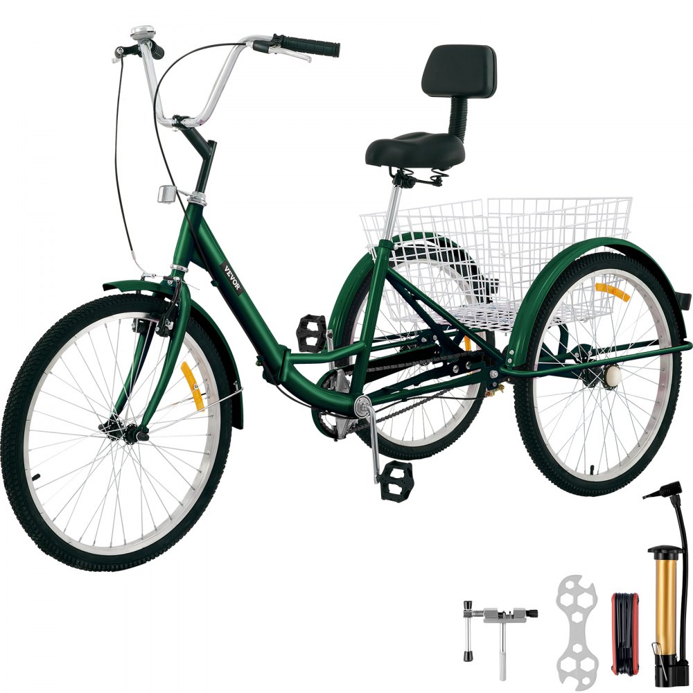 VEVOR Tricycle Adult 24’’ Wheels Adult Tricycle 1-Speed 3 Wheel Bikes For Adults Three Wheel Bike For Adults Adult Trike Adult Folding Tricycle Foldable Adult Tricycle 3 Wheel Bike Trike For Adults - ZDCLC24C1SGREEN01V0