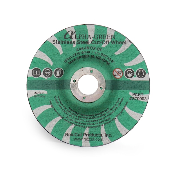 Rueda de corte Rex Cut Alpha Green de 4 pulgadas x .040 x 5/8 T27 Alpha Green - 870002.