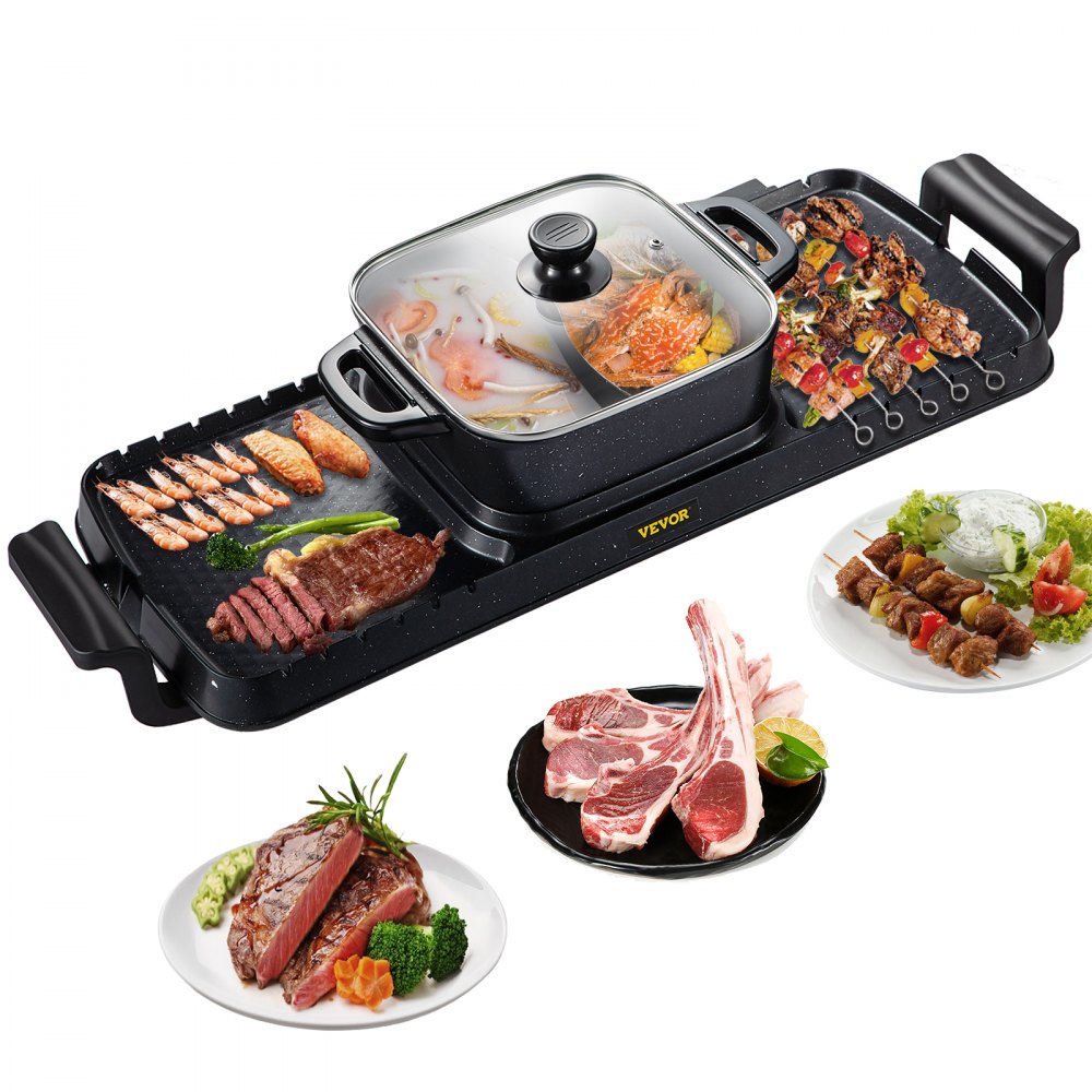 VEVOR 2 in 1 Electric Grill and Hot Pot, 2400W BBQ Pan Grill and Hot Pot, Multifunctional Teppanyaki Grill Pot with Dual Temp Control, Smokeless Hot Pot Grill with Nonstick Coating for 1-8 People - FTSJ2200W110VXOZEV1