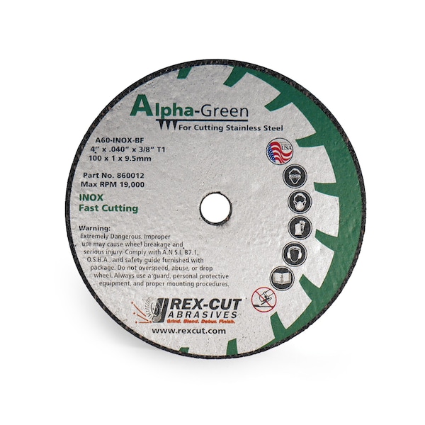 Rueda de corte para corte de metal verde alfa de Rex Cut 4 X .040 X 5/8 T1 Alpha Green - 860002