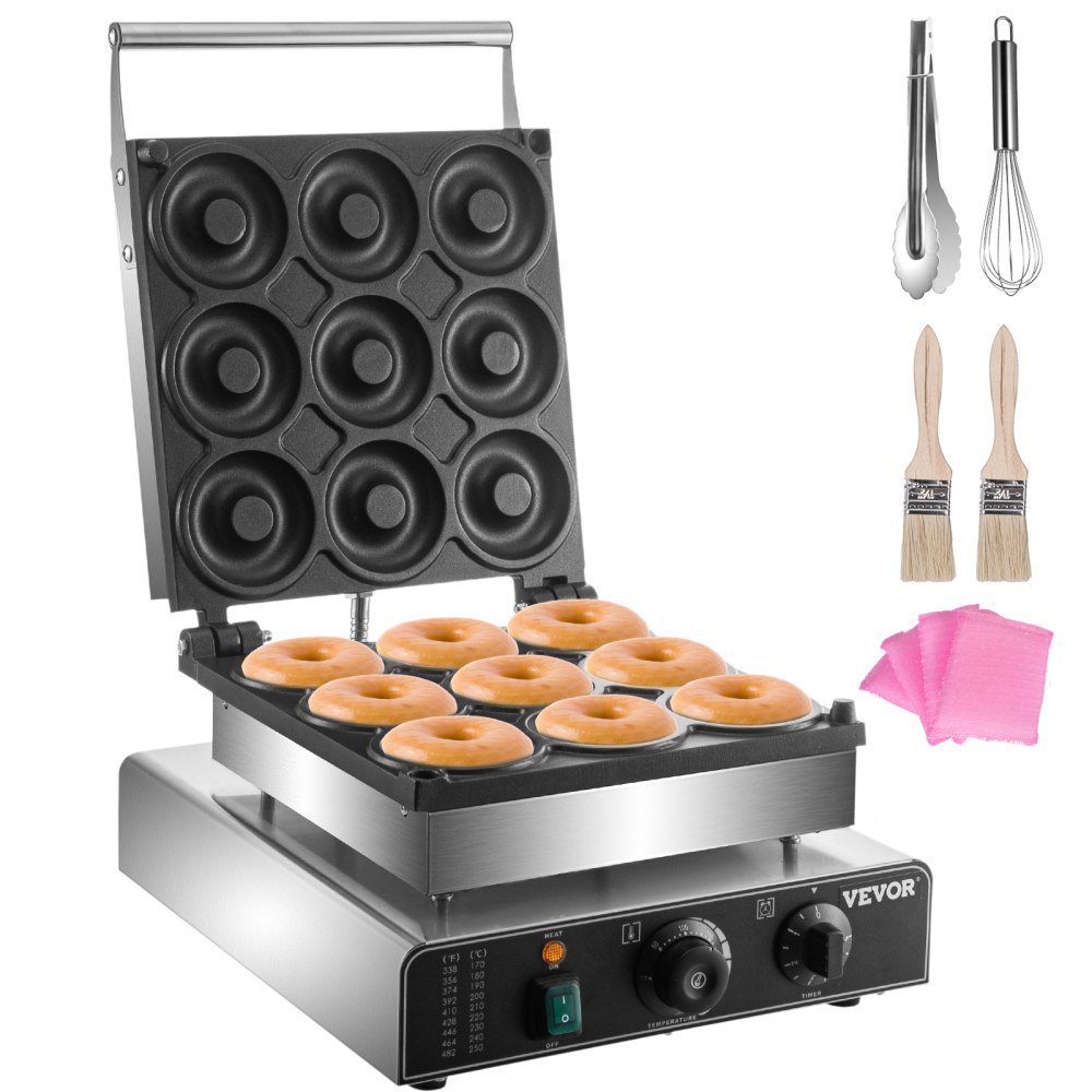 VEVOR Electric Donut Maker, 9 Holes Commercial Donut Machine, 2000W Electric Doughnut Machine, Double-Sided Heating Commercial Donut Maker, for Home & Commercial Use with Non-stick Teflon Coating - TTQJGMC9110VXEFFIV1