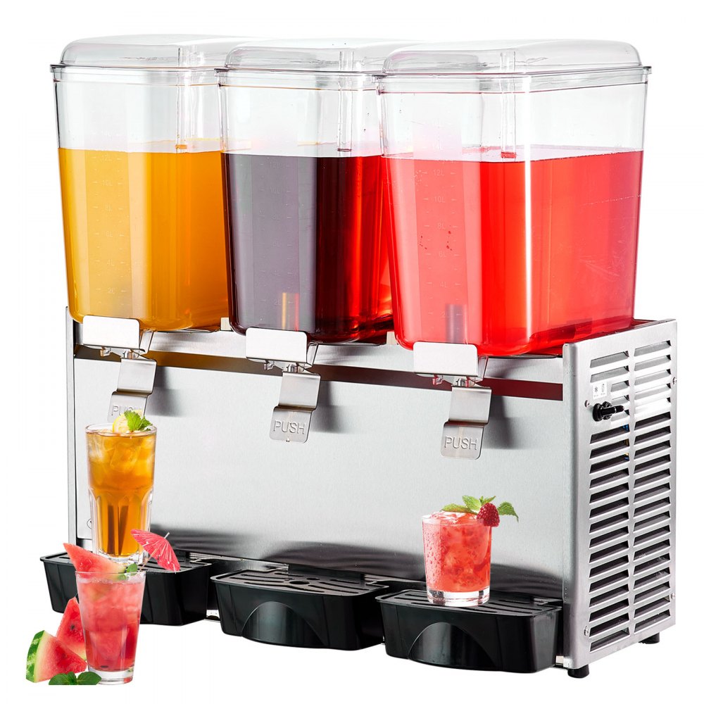 VEVOR Commercial Beverage Dispenser, 20.4 Qt 18L 3 Tanks Ice Tea Drink Machine, 680W 304 Stainless Steel Juice Dispenser with 41℉-53.6℉ Thermostat Controller, for Cold Drink Restaurant Hotel Party - DLYLJ18L3680W945ZV1