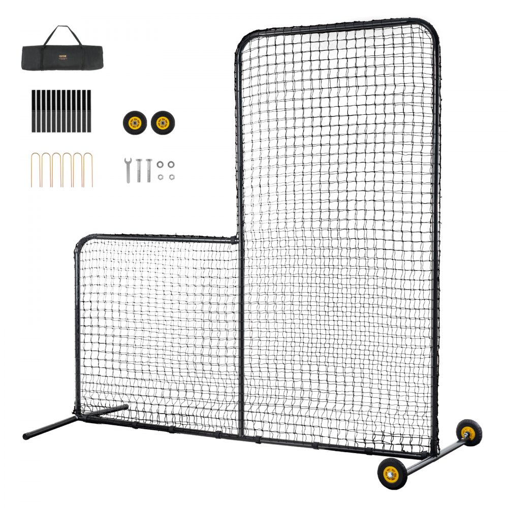 VEVOR L Screen Baseball for Batting Cage, 7x7 ft Softball Safety Screen, Body Protector Portable Batting Screen with Carry Bag, Wheels, Ground Stakes, Heavy Duty Pitching Net for Pitchers Protection - TSBHWLXZX77YDO26ZV0