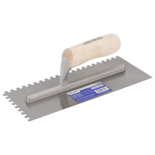 Vulcan Trowel, 1/4x1/4 in, 4-1/2 in W Blade, Notched HCS Blade, Hard Wood Camel Back Handle, 11 in OAL, Silver - 16110