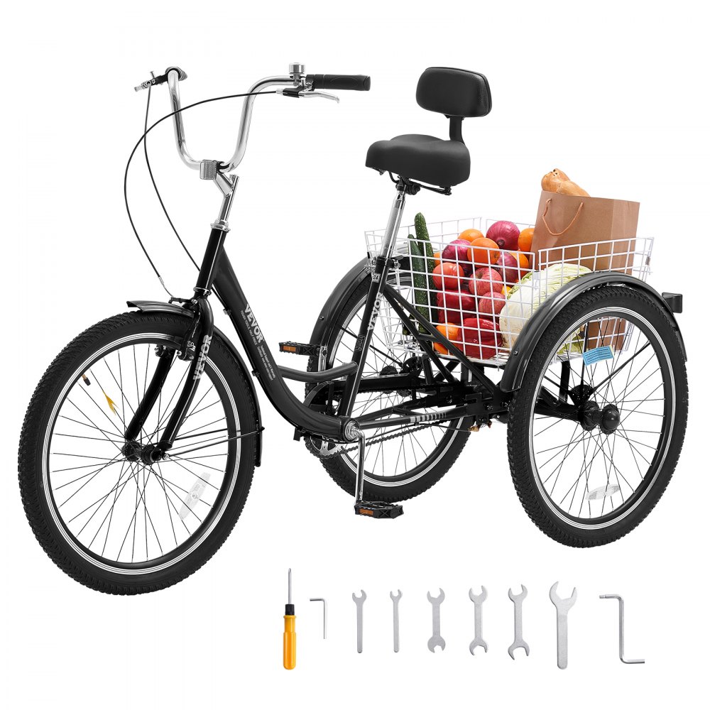 VEVOR Adult Tricycles Bike, 20 Inch Three-Wheeled Bicycles, 3 Wheel Bikes Trikes, Carbon Steel Cruiser Bike with Basket & Adjustable Seat, Picnic Shopping Tricycles for Seniors, Women, Men (Black) - FZDKRLSLCTG2LX06SV0