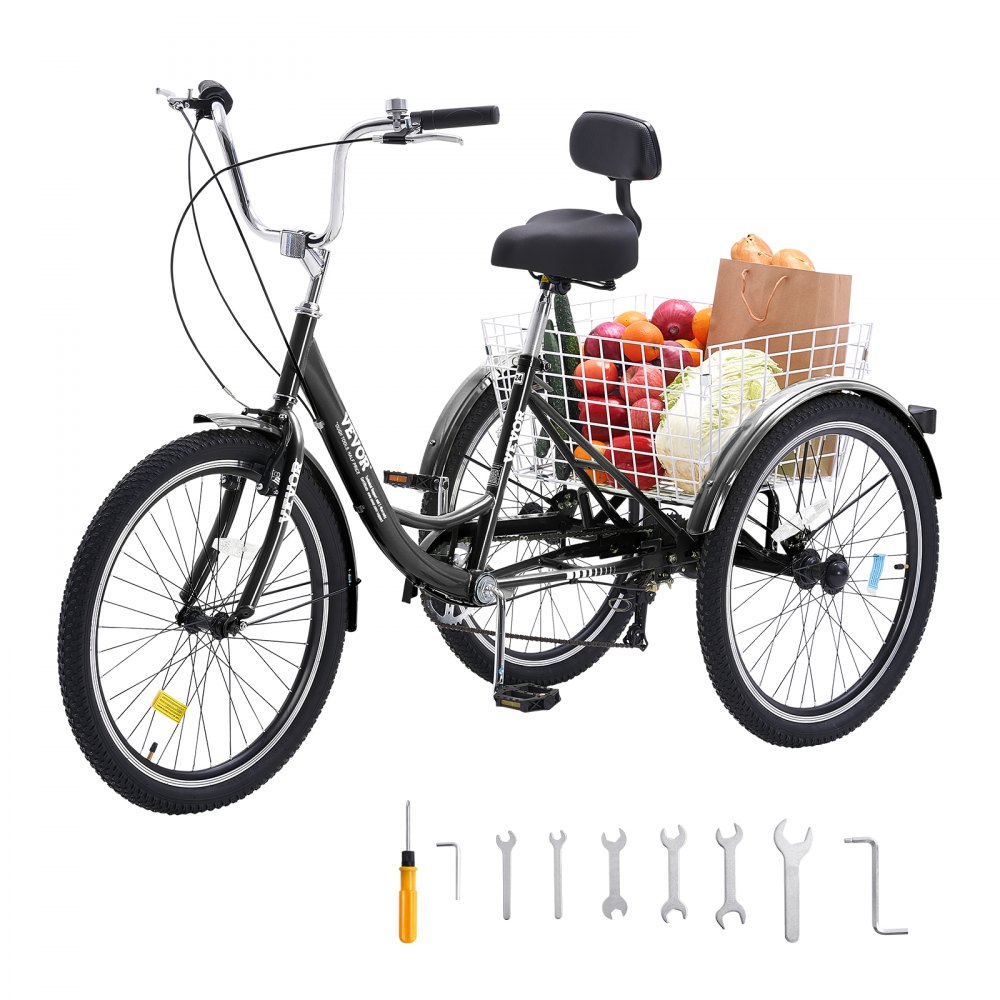 VEVOR Adult Tricycles Bike, 7 Speed Adult Trikes, 20 Inch Three-Wheeled Bicycles, Carbon Steel Cruiser Bike with Basket and Adjustable Seat, Picnic Shopping Tricycles for Seniors, Women, Men (Black) - FZDKRLSLCTG2JDWA0V0