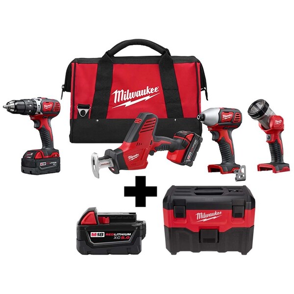 Milwaukee Tool M18 4-Tool, M18 Battery Pack, M18 Vacuum - 2695-24, 48-11-1850, 0880-20