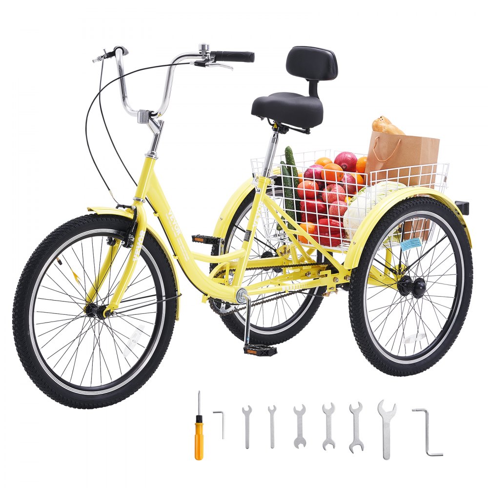 VEVOR Adult Tricycles Bike, 20 Inch Three-Wheeled Bicycles, 3 Wheel Bikes Trikes, Carbon Steel Cruiser Bike with Basket & Adjustable Seat, Picnic Shopping Tricycles for Seniors, Women, Men (Yellow) - FZDKRLSLCTG2YK8RYV0