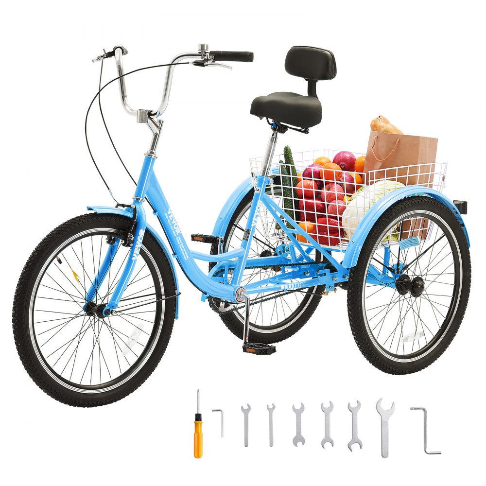 VEVOR Adult Tricycles Bike, 26 Inch Three-Wheeled Bicycles, 3 Wheel Bikes Trikes, Carbon Steel Cruiser Bike with Basket & Adjustable Seat, Picnic Shopping Tricycles for Seniors, Women, Men (Blue) - FZDKRLSLCTG2OI2Y7V0