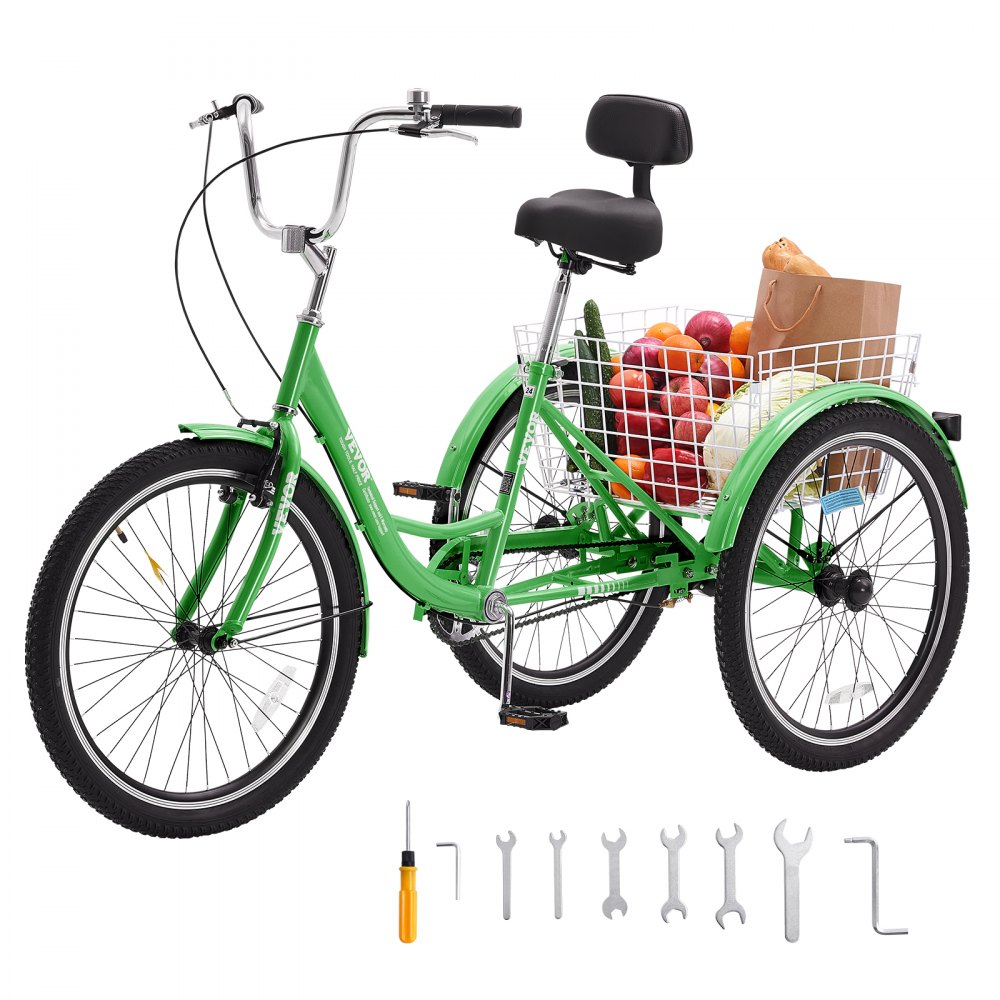 VEVOR Adult Tricycles Bike, 24 Inch Three-Wheeled Bicycles, 3 Wheel Bikes Trikes, Carbon Steel Cruiser Bike with Basket & Adjustable Seat, Picnic Shopping Tricycles for Seniors, Women, Men (Green) - FZDKRLSLCTG2ZP7NIV0