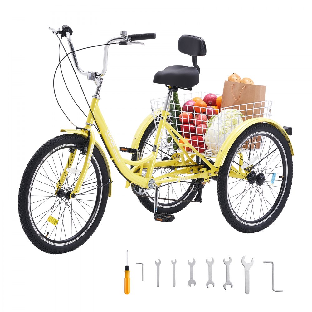 VEVOR Adult Tricycles Bike, 7 Speed Adult Trikes, 26 Inch Three-Wheeled Bicycles, Carbon Steel Cruiser Bike with Basket and Adjustable Seat, Picnic Shopping Tricycles for Seniors, Women, Men  (Yellow) - FZDKRLSLCTG2ZBUQ8V0