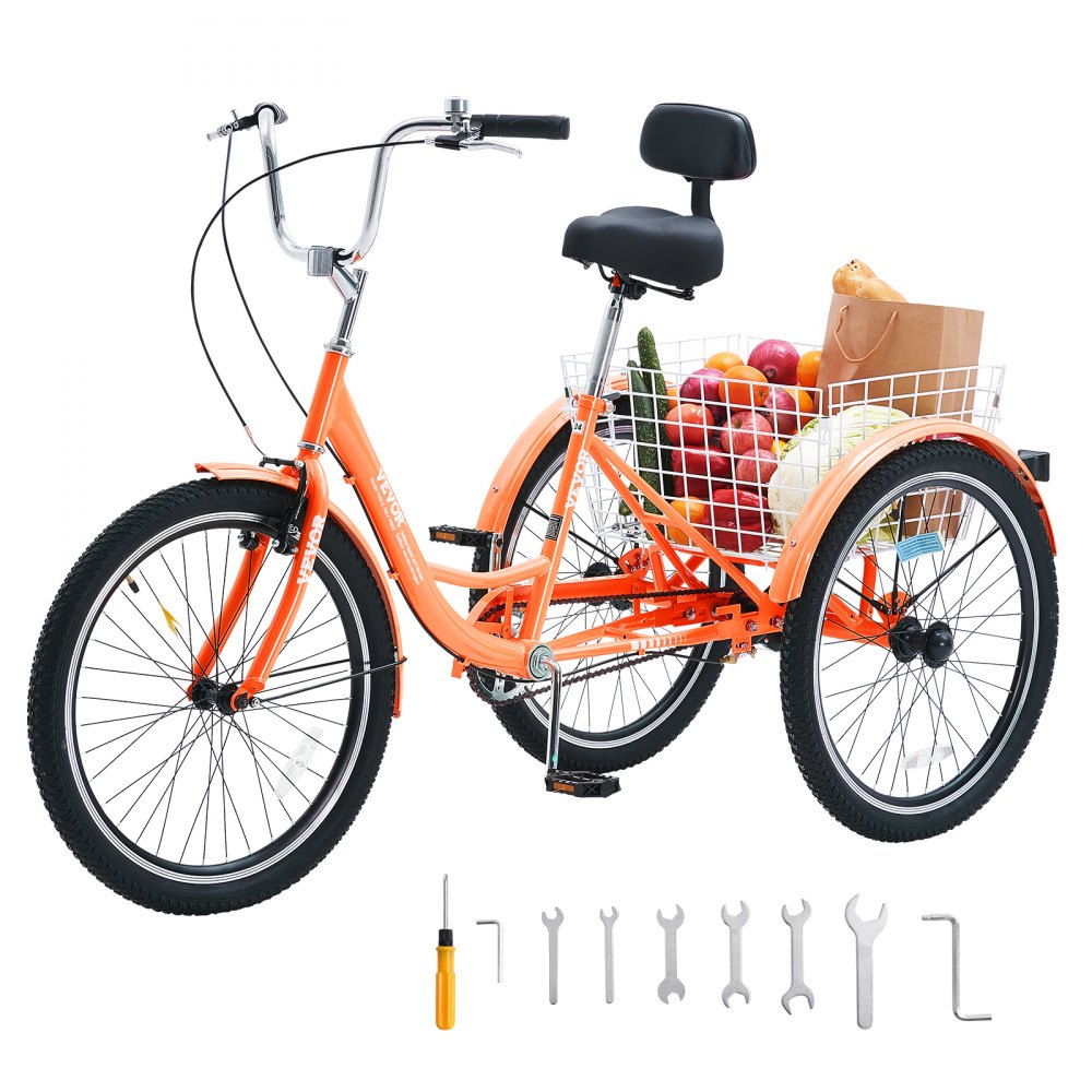 VEVOR Adult Tricycles Bike, 26 Inch Three-Wheeled Bicycles, 3 Wheel Bikes Trikes, Carbon Steel Cruiser Bike with Basket & Adjustable Seat, Picnic Shopping Tricycles for Seniors, Women, Men (Orange) - FZDKRLSLCTG2I9KOLV0