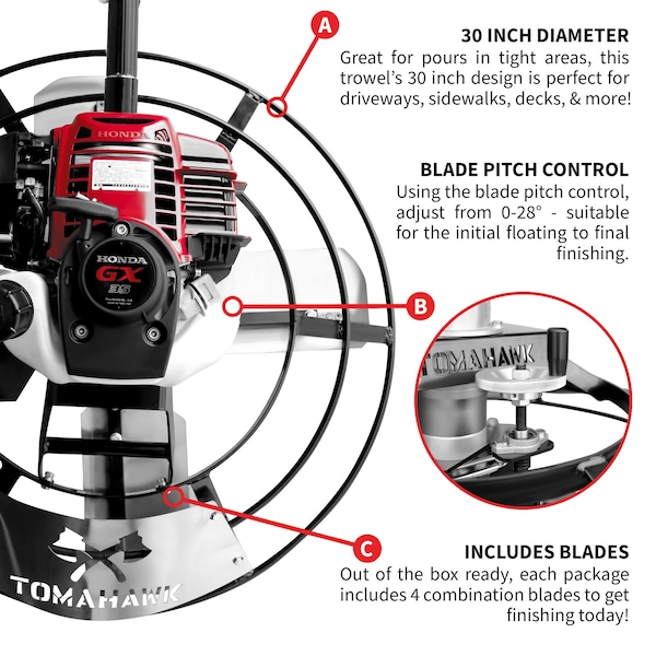 Tomahawk Power 30in Honda Portable Concrete Power Trowel with 18ft Bull Float Handle 1.6HP GX35 Engine - JXPT30H