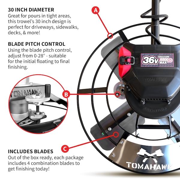 Tomahawk Power 30in Portable Concrete Power Trowel with 36V Battery and 18ft Bull Float Handle - EJXPT30