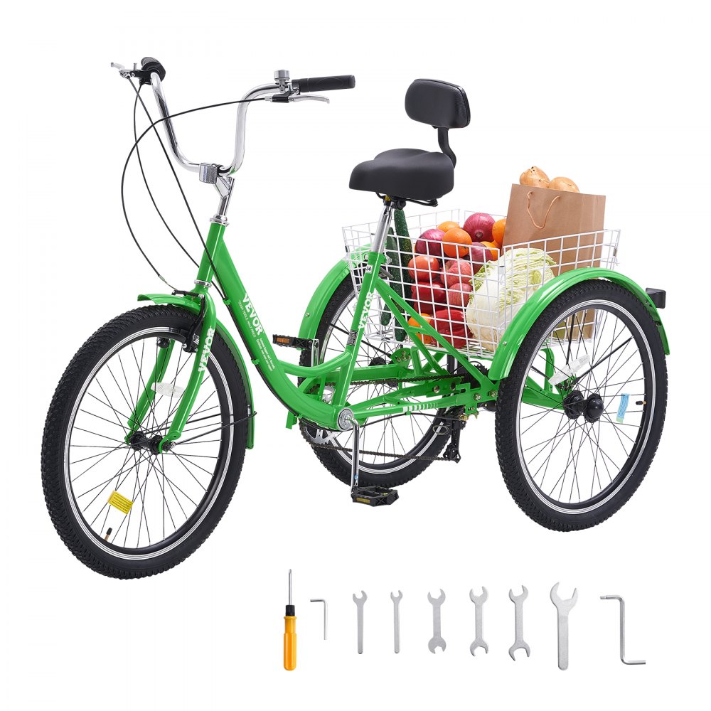 VEVOR Adult Tricycles Bike, 7 Speed Adult Trikes, 26 Inch Three-Wheeled Bicycles, Carbon Steel Cruiser Bike with Basket and Adjustable Seat, Picnic Shopping Tricycles for Seniors, Women, Men (Green) - FZDKRLSLCTG23HWMPV0