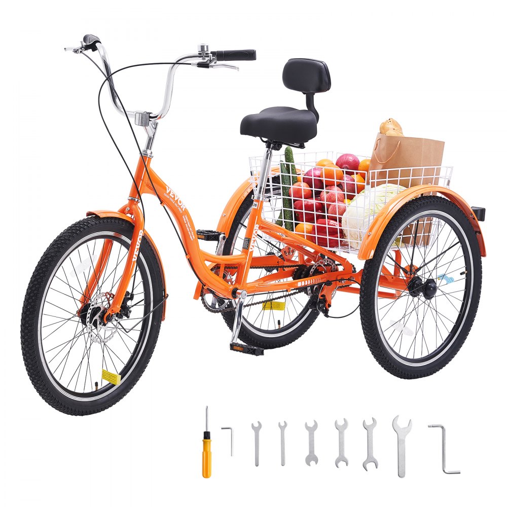VEVOR Adult Tricycles Bike, 26 Inch Three-Wheeled Bicycles, 3 Wheel Bikes Trikes, Aluminum Alloy Cruiser Bike with Basket & Adjustable Seat, Picnic Shopping Tricycles for Seniors, Women, Men (Orange) - FZDKRLSLCLHJ7E9FBV0