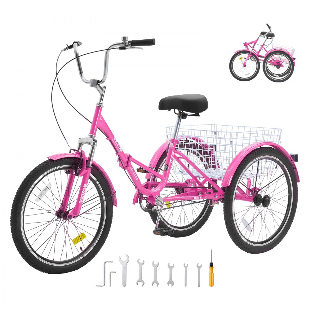 VEVOR Folding Adult Tricycle, 26-Inch Adult Folding Trikes, Carbon Steel 3 Wheel Cruiser Bike with Large Basket & Adjustable Seat, Shopping Picnic Foldable Tricycles for Women, Men, Seniors (Pink) - ZDKRLSLCFS26FBC26V0