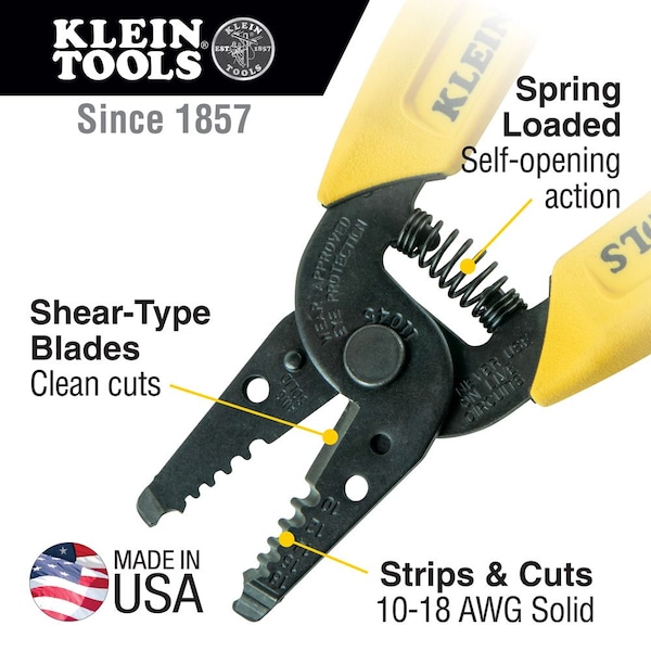 Klein Tools Wire Stripper/Cutter, 10 to 18 AWG, 6-1/4 in, Yellow - 11045