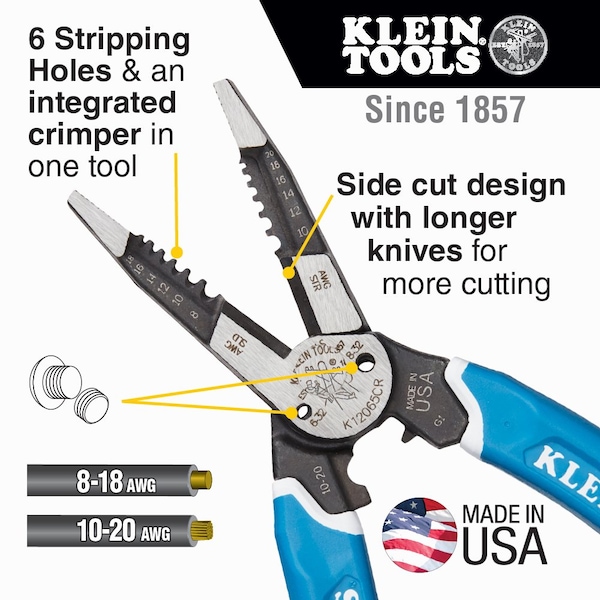 Klein Tools Klein-Kurve Heavy-Duty Wire Stripper / Cutter / Crimper Multi Tool, 8-20 AWG - K12065CR