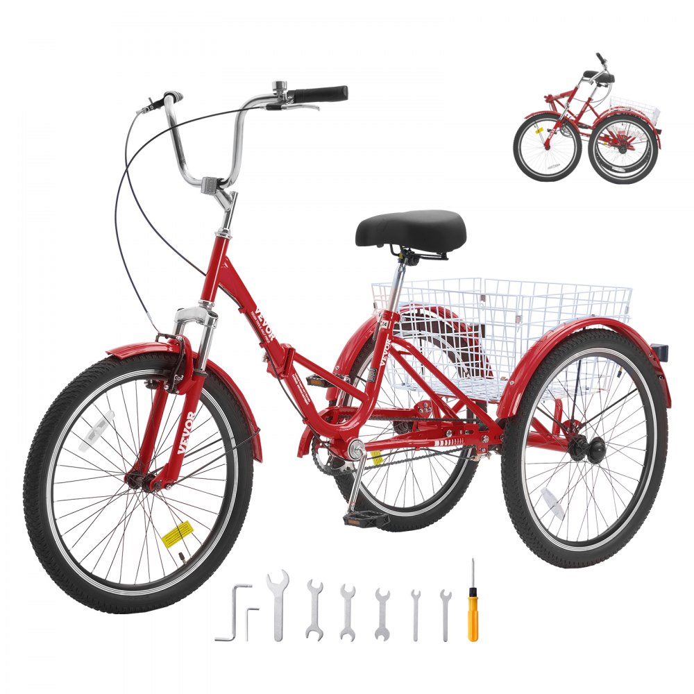 VEVOR Folding Adult Tricycle, 24-Inch Adult Folding Trikes, Carbon Steel 3 Wheel Cruiser Bike with Large Basket & Adjustable Seat, Shopping Picnic Foldable Tricycles for Women, Men, Seniors (Red) - ZDKRLSLCHS24N4W3TV0