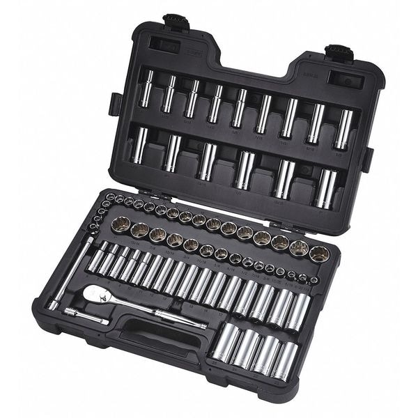 Westward 3/8" Drive Socket Set SAE, Metric 73 Pieces 1/4 in to 1 in, 6 mm to 25 mm , Chrome - 53PN33