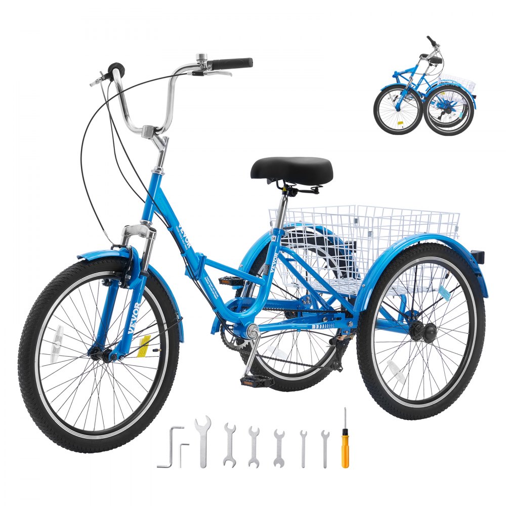 VEVOR Folding Adult Tricycle, 24-Inch 7-Speed Adult Folding Trikes, Carbon Steel 3 Wheel Cruiser Bike with Basket & Adjustable Seat, Shopping Picnic Foldable Tricycles for Women, Men, Seniors (Blue) - ZDKRLSLCLS24J9PIBV0