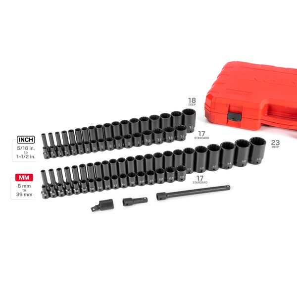 Tekton 1/2 Inch Drive 12-Point Impact Socket Set, 78-Piece (5/16 - 1-1/2 in., 8-39 mm) - SID92408