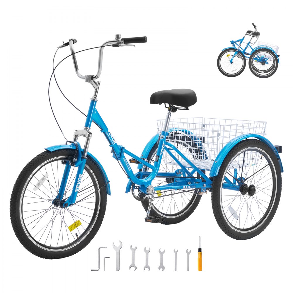 VEVOR Folding Adult Tricycle, 26-Inch Adult Folding Trikes, Carbon Steel 3 Wheel Cruiser Bike with Large Basket & Adjustable Seat, Shopping Picnic Foldable Tricycles for Women, Men, Seniors (Blue) - ZDKRLSLCHS26E8C23V0