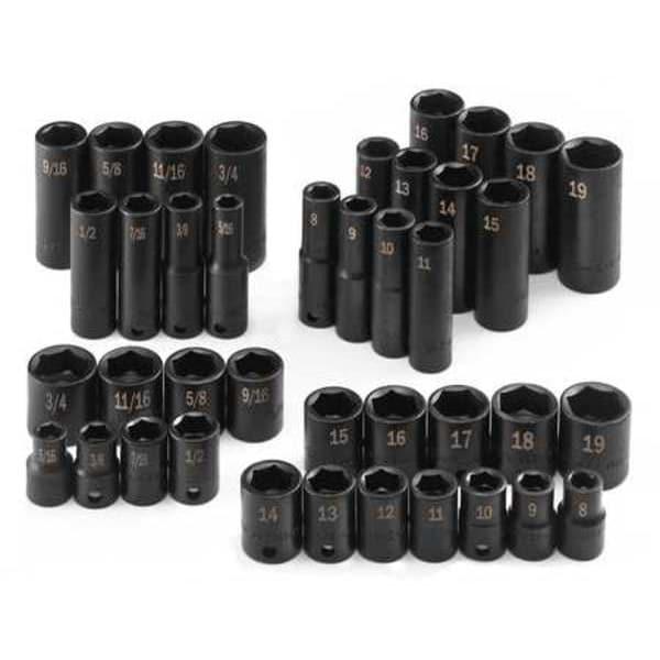 Sk Professional Tools 3/8" Drive Impact Socket Set SAE, Metric 40 Pieces 5/16 in to 3/4 in, 8 to 19 mm , Black Phosphate - 4090